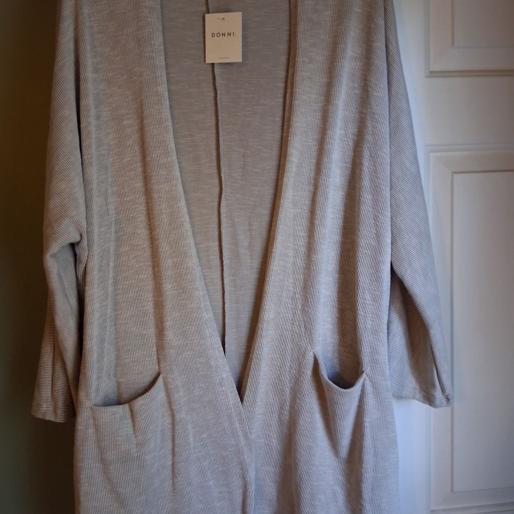 DONNI. Light Gray Ribbed Open-Front Robe Cardigan